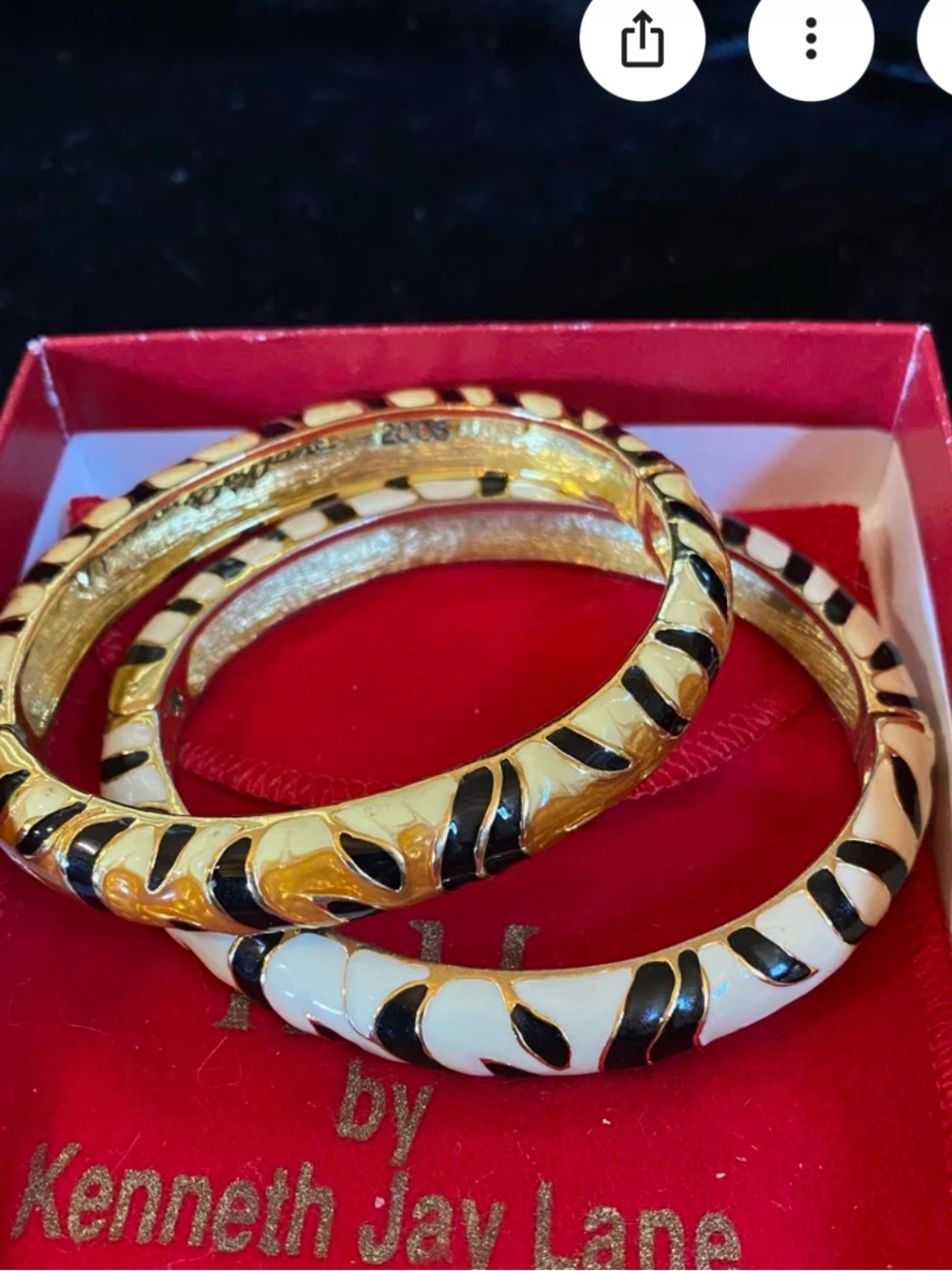 TWO Beautiful Kenneth Jay Lane Enamel Tiger-Stripe Bangle Set open clasp